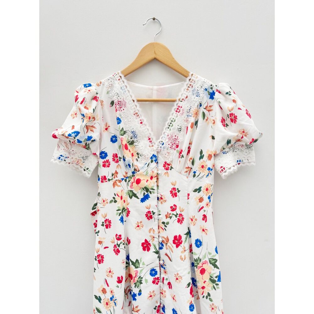 ISISLOVE Floral Print Lace Trim Puff Sleeve Mini Dress Size M